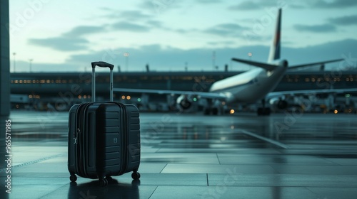 Blitz and travel luggage on an airport background with an airplane and blue sky.