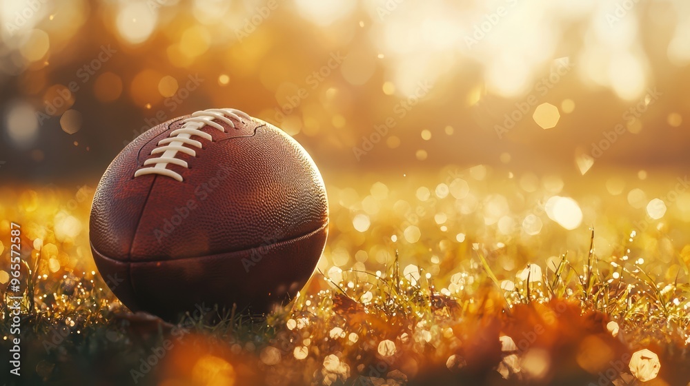 The football lies on the field as sunlight creates a bokeh effect in the background, showcasing a warm and inviting atmosphere during the golden hour. The football lies on the field as sunlight creates a bokeh effect in the background, showcasing a warm and inviting atmosphere during the golden hour.