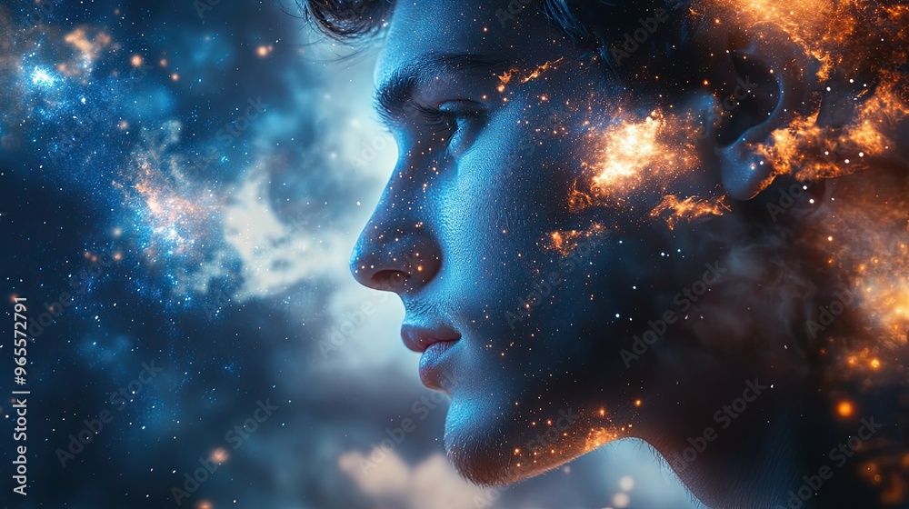 A detailed view of a man's profile, overlaid with the shimmering expanse of a starry night, the cosmic glow blending seamlessly with his features A detailed view of a man's profile, overlaid with the shimmering expanse of a starry night, the cosmic glow blending seamlessly with his features