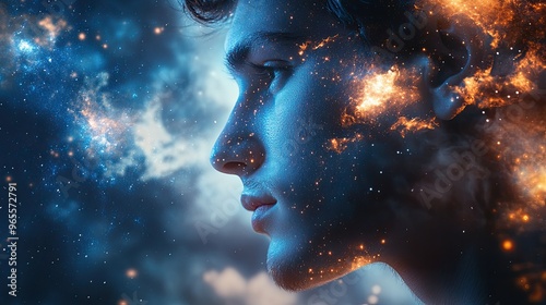 A detailed view of a man's profile, overlaid with the shimmering expanse of a starry night, the cosmic glow blending seamlessly with his features