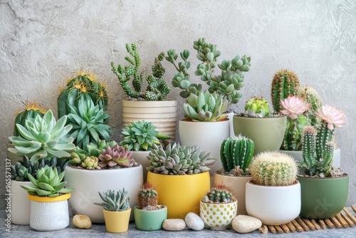Wallpaper Mural A variety of succulents and cacti in colorful white, green, and yellow pots are stacked creatively. Decorative stones surround the plants on a wooden floor beneath a textured gray wall. Torontodigital.ca