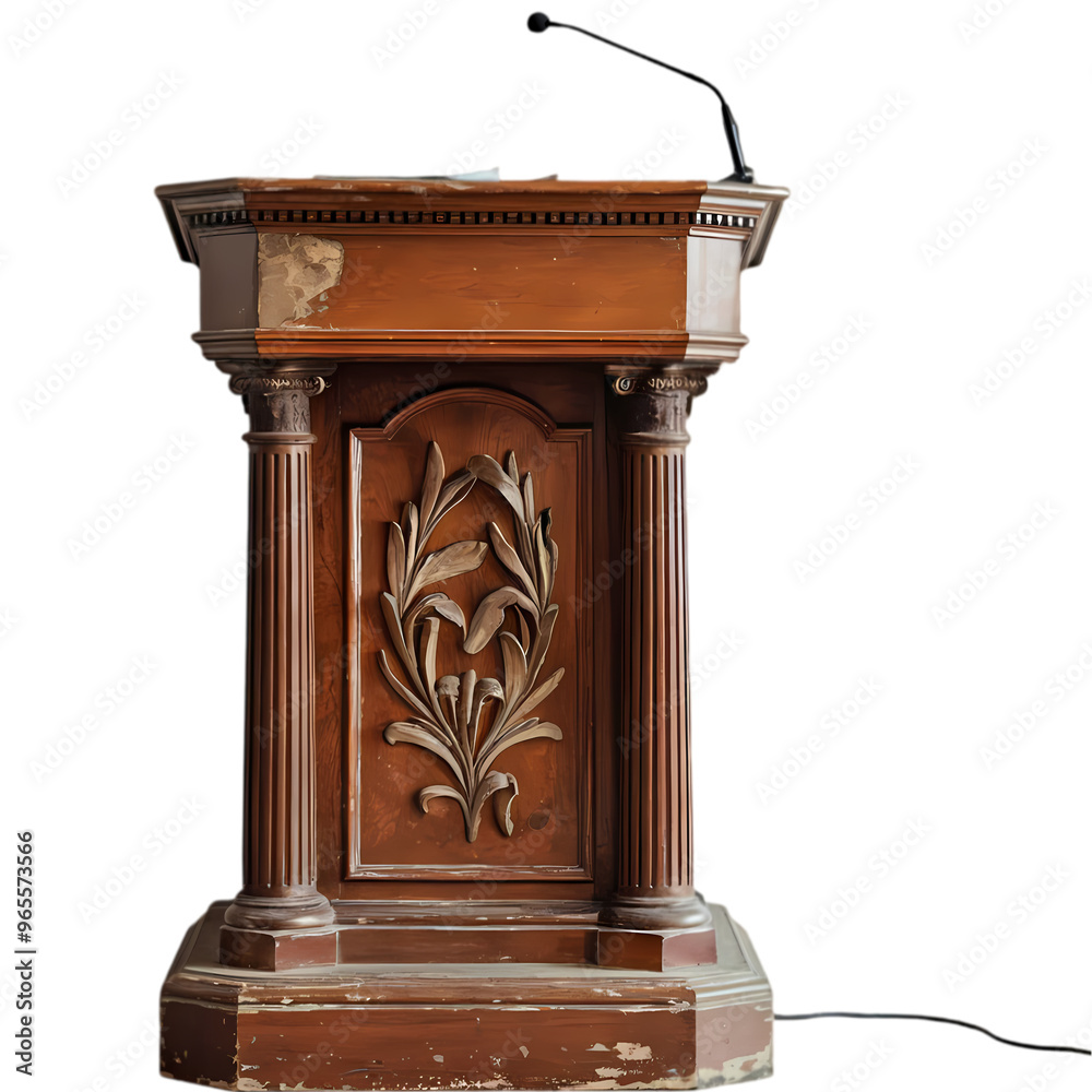 a compact wooden podium, front-view, isolated on a white background, microphone attached, ideal for small events a compact wooden podium, front-view, isolated on a white background, microphone attached, ideal for small events