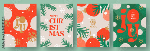 Wallpaper Mural Merry Christmas and Happy New Year greeting card Set. Modern beautiful Xmas design with typography, Christmas tree branches, balls, snowflake pattern. Minimal art banner, poster, cover templates Torontodigital.ca