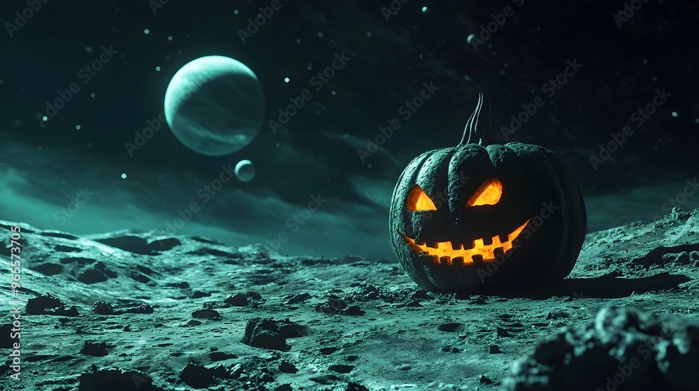 Naklejka premium An alien jack-o-lantern carved on the surface of a barren moon, eerie green glow emanating from the carved face, detailed craters and rocky landscape, distant planets and stars in the background,