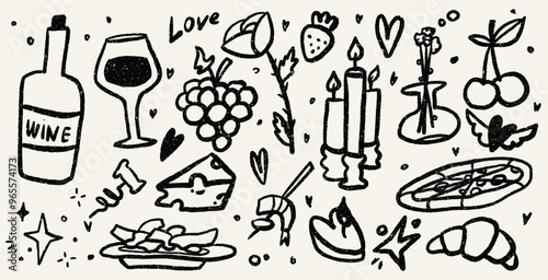 Set of dinner elements. Doodle vector illustrations of food and wine. Trendy scribble punk texture. Italian lunch icons. Party or romantic day collection. Cheese and flowers