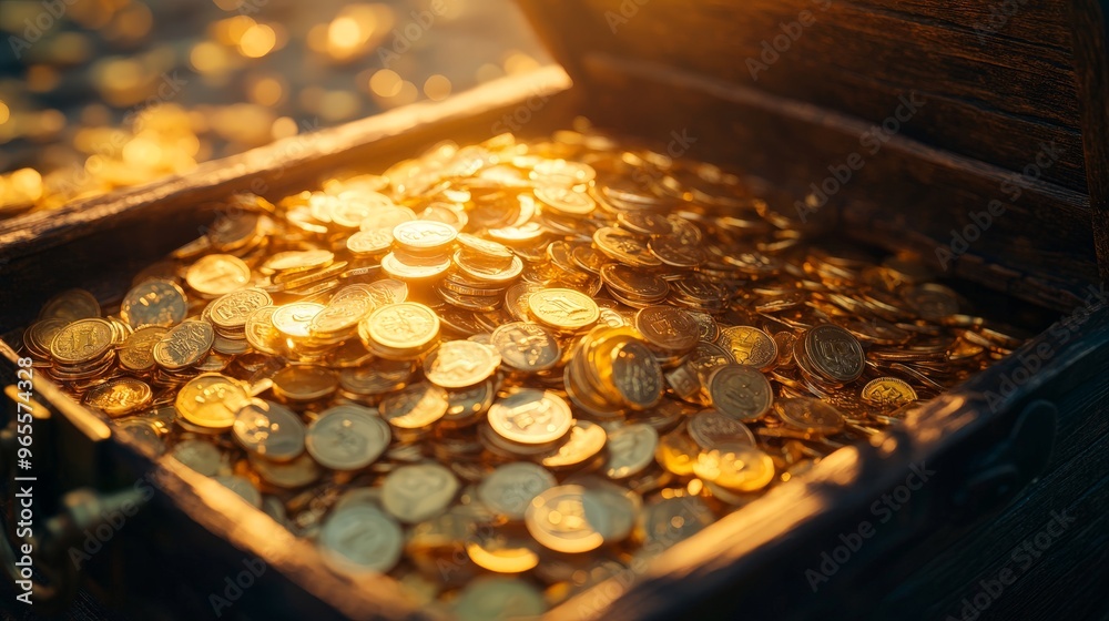 Illustrate a pile of gold coins and banknotes spilling from an open treasure chest, symbolizing the allure Illustrate a pile of gold coins and banknotes spilling from an open treasure chest, symbolizing the allure