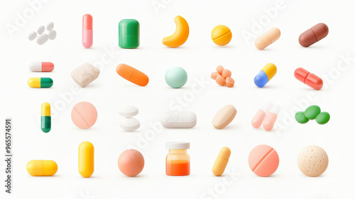 Set of multivitamin and mineral supplements in various shapes and colors showcasing different types of dietary pills in 3D vector illustration