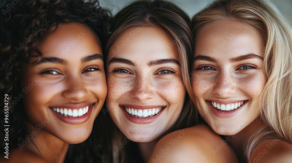 Close-up of three diverse women smiling with natural beauty, showcasing perfect skincare and anti-aging results Close-up of three diverse women smiling with natural beauty, showcasing perfect skincare and anti-aging results
