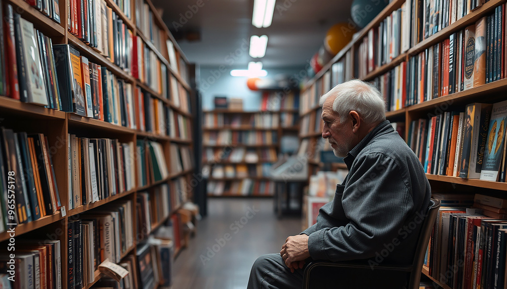A old Man siting in a Quiet Bookstore with a Thoughtful Expression Amidst the Shelves of Books A old Man siting in a Quiet Bookstore with a Thoughtful Expression Amidst the Shelves of Books