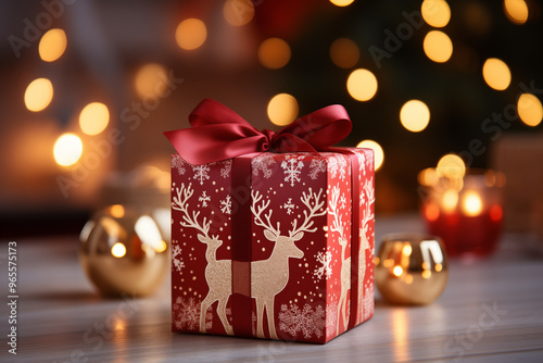 Beautifully wrapped Christmas gift with deer design and red ribbon on a festive table with candles
 photo