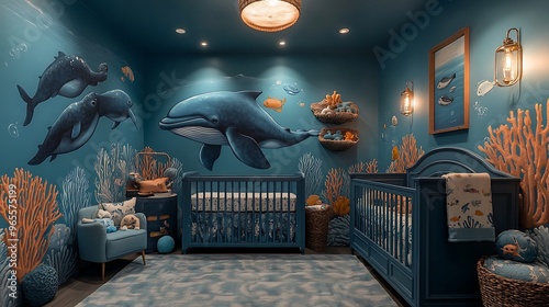 A cozy underwater-themed nursery with sea creatures like whales, dolphins, and turtles painted on the walls, deep ocean blue tones, coral reefs as wall art, photo