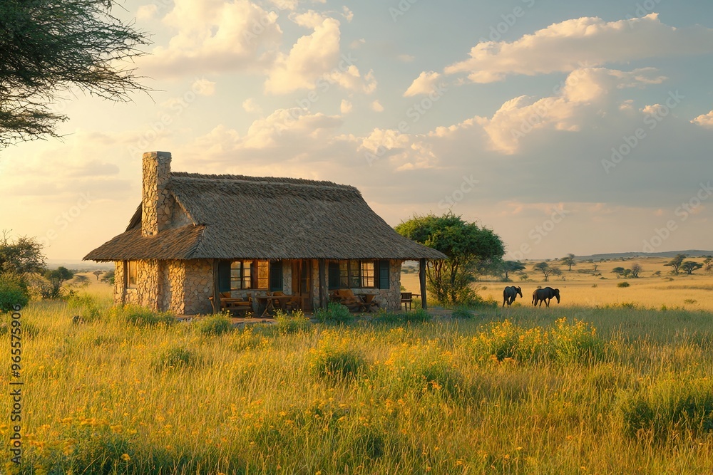 A traditional safari lodge in Kenya with views of the savannah and wildlife roaming nearby A traditional safari lodge in Kenya with views of the savannah and wildlife roaming nearby