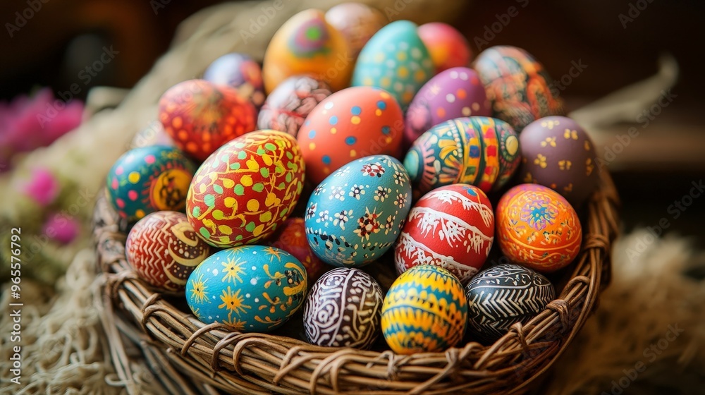 Imagine a colorful Easter egg display arranged in a basket, showcasing a variety of decorated eggs in different patterns and hues Imagine a colorful Easter egg display arranged in a basket, showcasing a variety of decorated eggs in different patterns and hues