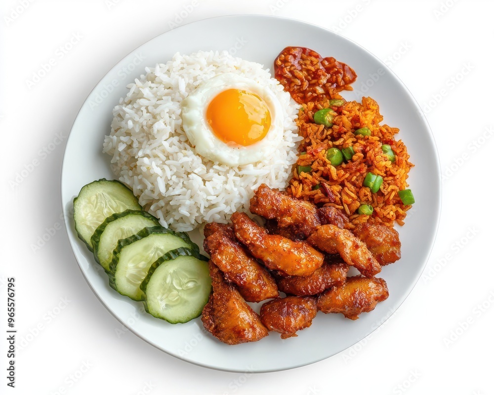 Top view of Malaysian nasi lemak isolated on a white background, delicious cuisine Top view of Malaysian nasi lemak isolated on a white background, delicious cuisine