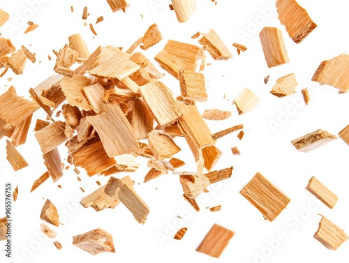 Close-up of wood chips flying in mid-air against a white background.