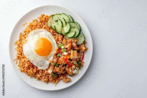 A top view of Indonesian nasi goreng on a white background, highlighting its diverse colors and textures in a visually appealing display. photo