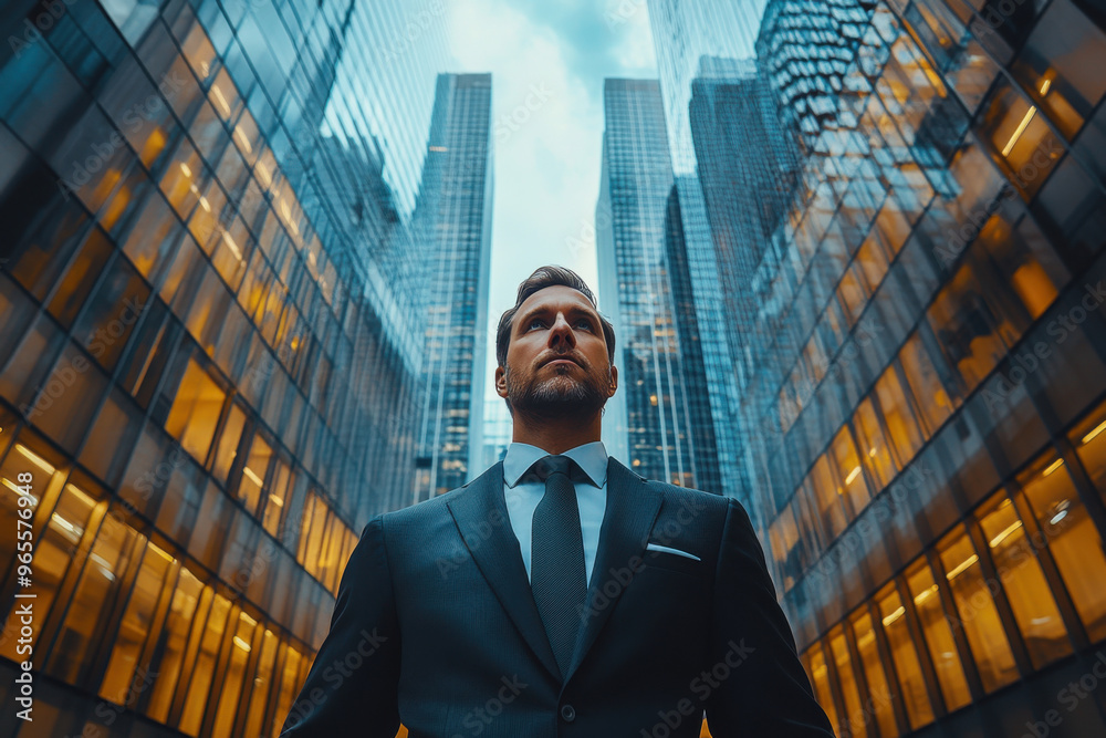 Fototapeta premium businessman stands tall amidst the towering skyscrapers of a modern office cityscape