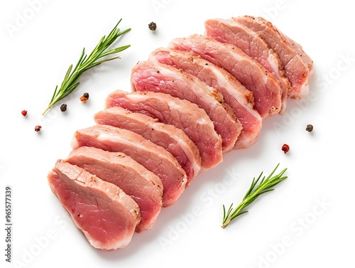 Close-up of sliced raw pork tenderloin with rosemary and peppercorns on a white background.