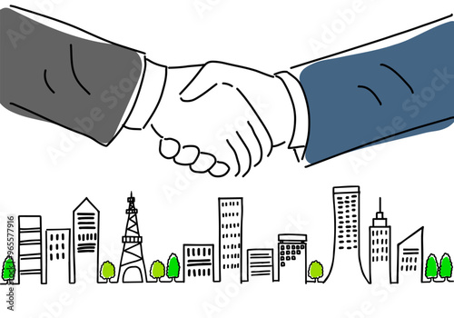 握手する会社員の手元と街並みのラフな手描き線画