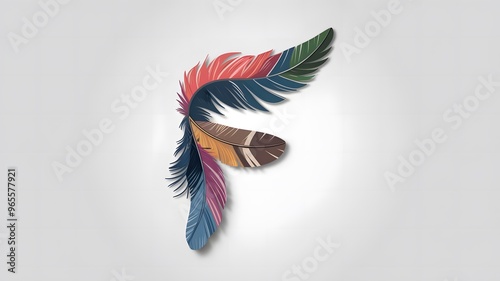 A creative visual dictionary concept of the word Feather. It is made of various colored and shaped feathers. The feather F is placedon a white background.