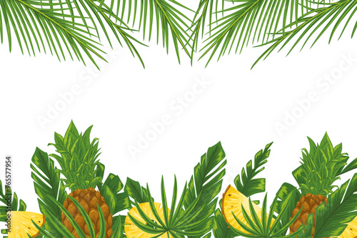 Tropical horizontal frame with palm leaves and pineapples. Party invitation, sale poster, banner. Hand drawn illustration with a text place. Elements are not cropped, hidden under a clipping mask