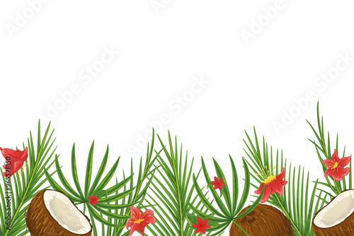 Tropical horizontal frame with palm leaves, coconuts and flowers. Party invitation, sale poster, banner. Hand drawn illustration with a text place. Elements not cropped, hidden under a clipping mask