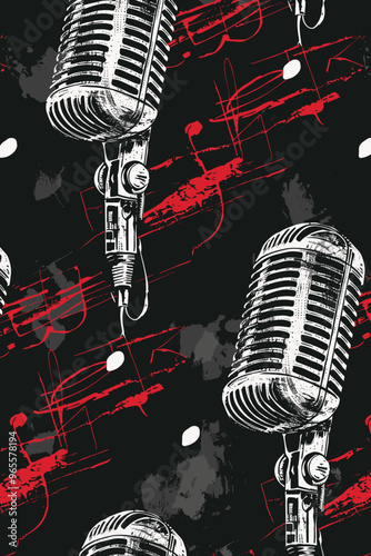 Microphones and Sound Waves Seamless Pattern, Musical Texture Printable Wallpaper Decor