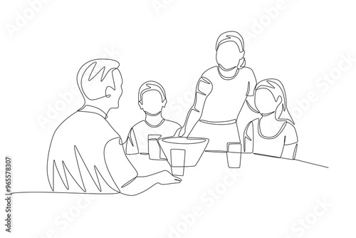 Family eating together. Eating together with their family at the kitchen table concept one-line drawing