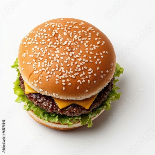 A fast food hamburger captured from above, with a bright white background, looks fresh and delicious in the photo.