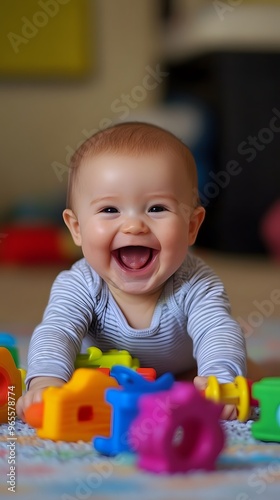A Happy Baby Playing With Colorful Toys