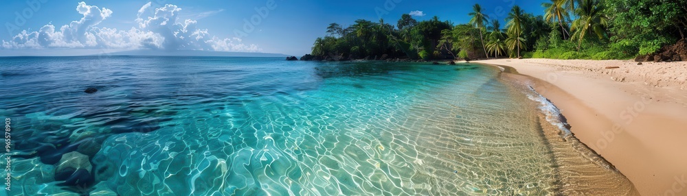 Private beach with crystal clear water, serene and inviting, Coastal, Soft greens, Photograph, Secluded paradise Private beach with crystal clear water, serene and inviting, Coastal, Soft greens, Photograph, Secluded paradise