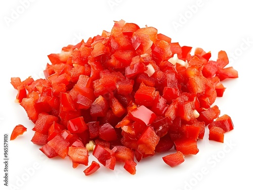 A pile of diced red bell peppers on a white background.