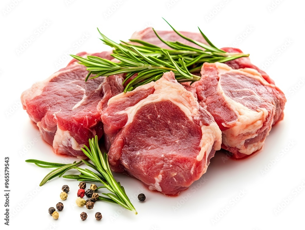 Raw red meat with rosemary sprigs and peppercorns. Raw red meat with rosemary sprigs and peppercorns.