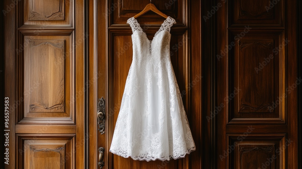White wedding dress with lace details, hanging on a wooden door, symbolizing elegance and special occasions White wedding dress with lace details, hanging on a wooden door, symbolizing elegance and special occasions