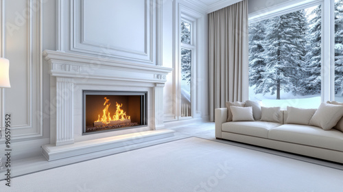 A living room with a fireplace and white furniture, AI