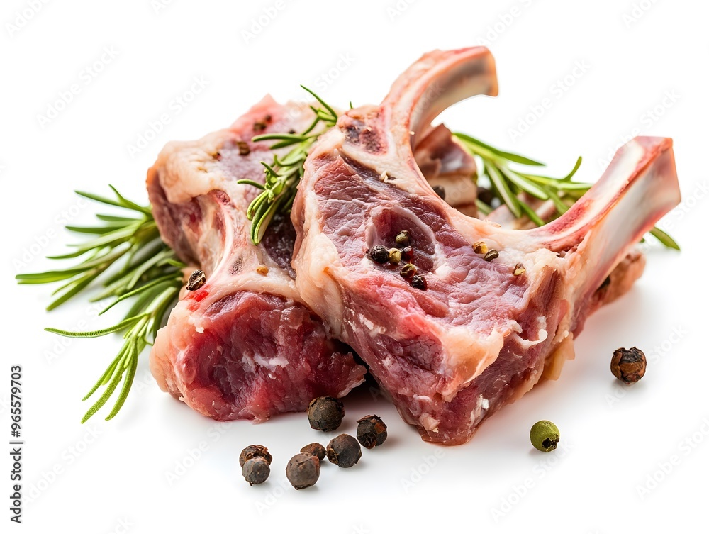 Raw lamb chops with rosemary and peppercorns on white background. Raw lamb chops with rosemary and peppercorns on white background.