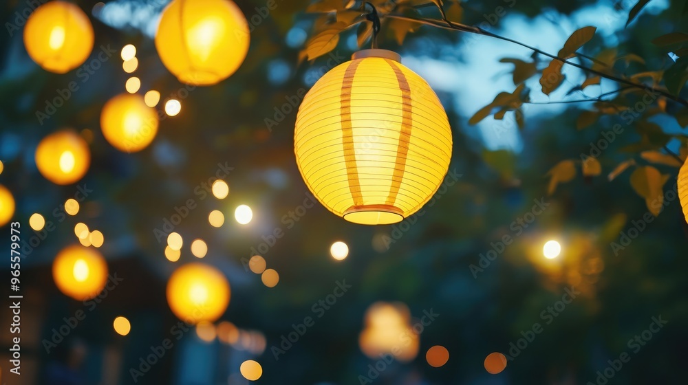 Obraz premium Yellow lanterns hanging in an outdoor evening festival, creating a warm and festive ambiance
