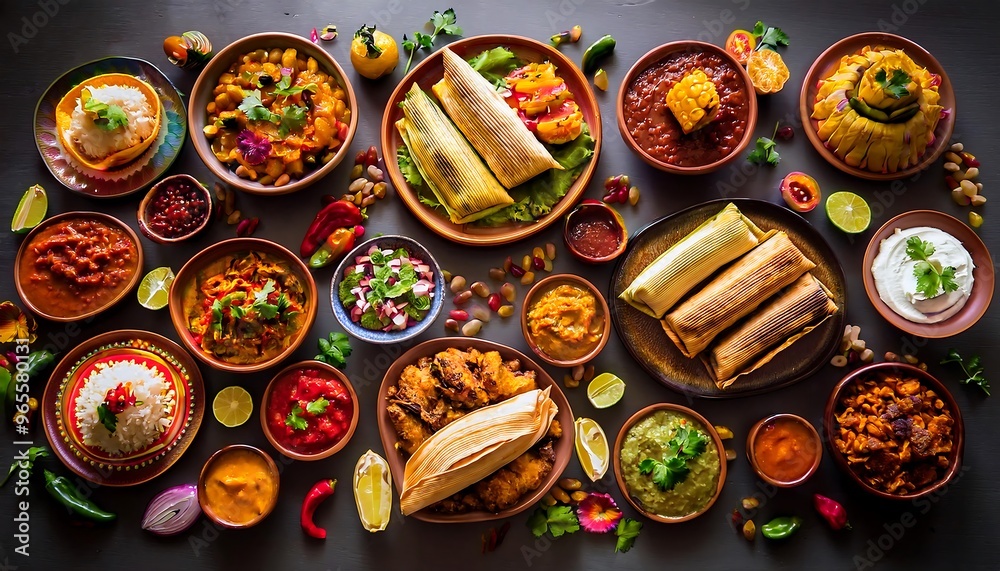Close-up of traditional Hispanic dishes in a top-down shot featuring tamales, empanadas, tacos, and churros arranged for Hispanic Heritage Month. Warm reds, golds, and browns. Detailed textures, garni Close-up of traditional Hispanic dishes in a top-down shot featuring tamales, empanadas, tacos, and churros arranged for Hispanic Heritage Month. Warm reds, golds, and browns. Detailed textures, garni