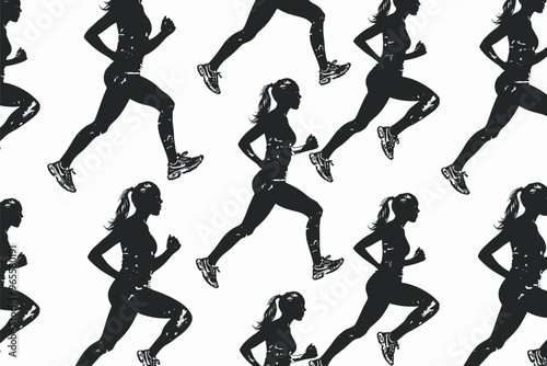 Monochrome Seamless Pattern with Black Silhouette of Fit Female Athlete on White Background, Sports Woman Gym Wallpaper