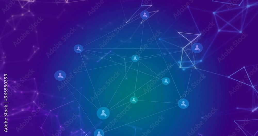 Animation of network of connections with icons on blue background Animation of network of connections with icons on blue background