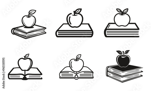 Apple on the book icon set, learning icon set black vector
