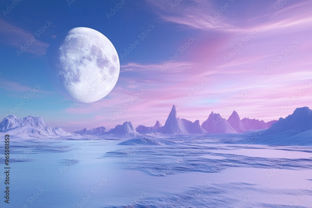 A surreal fantasy landscape featuring a large moon hovering over icy mountains and a frozen lake under a pastel-colored sky A surreal fantasy landscape featuring a large moon hovering over icy mountains and a frozen lake under a pastel-colored sky