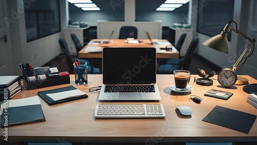 Overhead business desk. Top view workspace mockup with copy space. Refreshing coffee, glasses, wireless headset, clock, pc keypad, office paperwork supplies and stationary arrangement