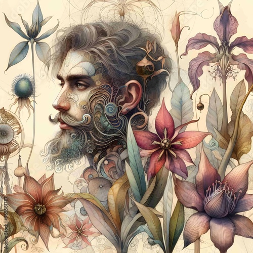 Botanical Illustration with a Twist; Traditional botanical illustration that includes fantastical or surreal elements, such as plants with human features and hybrid flora. blend of realism and fantasy photo