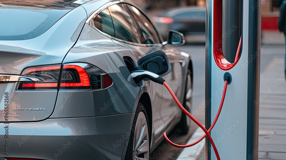 Obraz premium A pearl-colored electric SUV is being charged at a modern energy station, showcasing the convenience of eco-friendly transportation in a well-designed parking area
