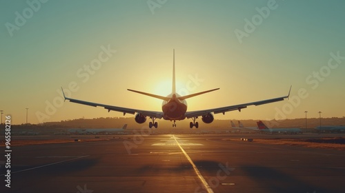 Golden Hour Arrival: Commercial Airplane Landing at Busy Airport with Glinting Wings under Clear Blue Skies