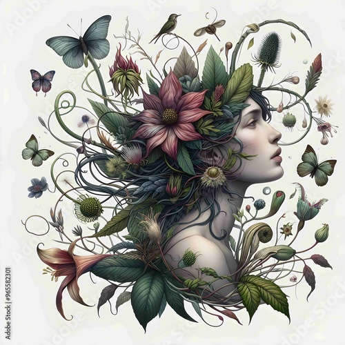 Botanical Illustration with a Twist; Traditional botanical illustration that includes fantastical or surreal elements, such as plants with human features and hybrid flora. blend of realism and fantasy photo