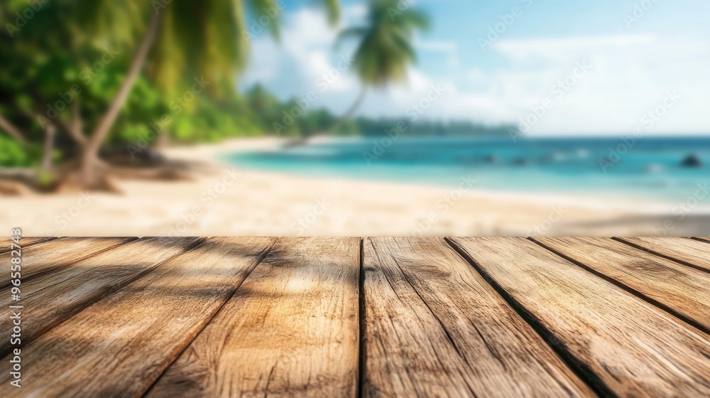 Tropical Beach with Wooden Deck in the Foreground Tropical Beach with Wooden Deck in the Foreground