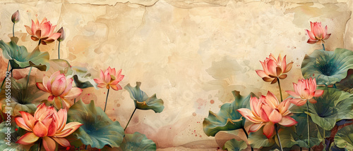 old vintage grunge wide paper journal with empty space in the middle and watercolor blooming pink Lotus flowers with leaf border frame