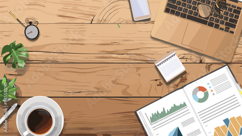 Morning Business Elements on Wooden Table - Newspaper, Coffee Cup, Mobile Phone with Messenger App